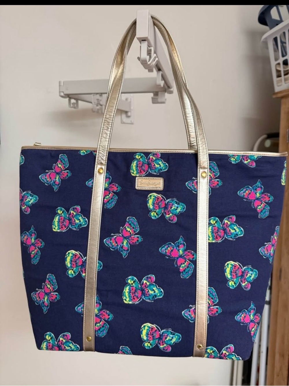 Lily Pulitzer Navy Butterfly Print Tote Bag with Gold Handles